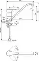 Küchenarmatur von Ideal Standard mit einem langen Auslauf und einem schwenkbaren Hebel in einer Chrom-Oberfläche. Technische Zeichnung mit Abmessungen und Montagehinweisen.